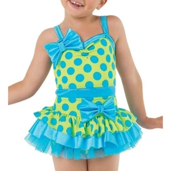 Weissman Dance Child IC Costume Leotard Dress Polkodot Blue Bow - Picture 1 of 8